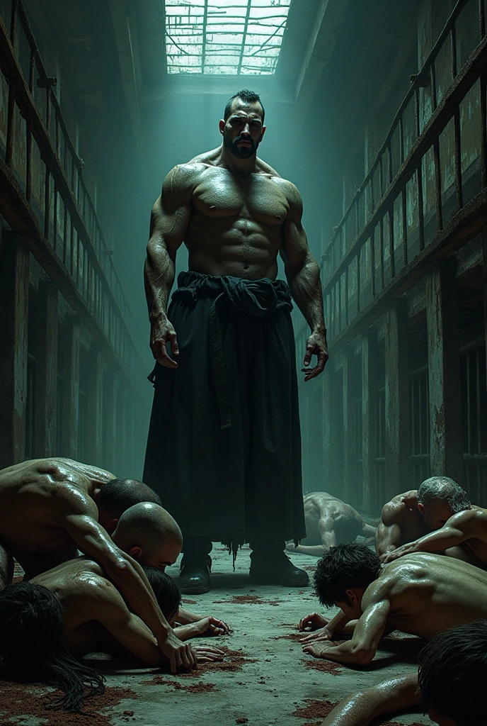 Make a prison where bodies are vulnerable to danger. Prison needs to be a dirty environment, dark and scary and bodies need to be weak. You need to have a strong body as a watchman for these people.. The guard may be in the center and he needs to convey fear
