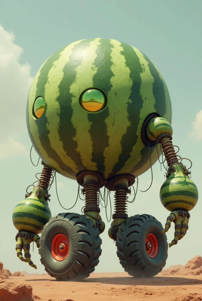 A non-existent being that has a watermelon body, legs made of wheels, and the head is the body of the watermelon, that the head is the body of the watermelon, and the arms are made of large seeds