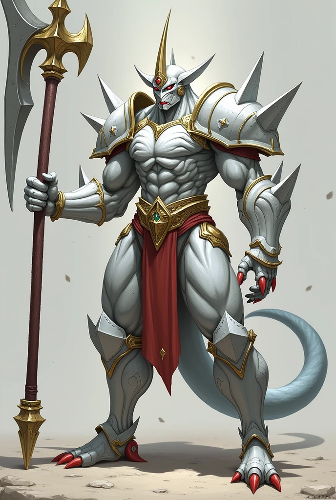 Amdusias is 2 meter tall, white armored skin, sharp red nail in each fingers, a sharp potruded chin and white small golden v fin potrudes into the back from his forehead and a long single straight horn in his forehead, and a sharp long retractable tail. He wield ultra large mace