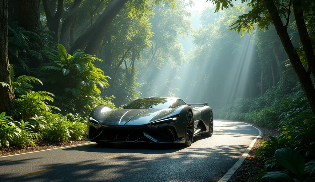 A road in a jangle and a super car stand there