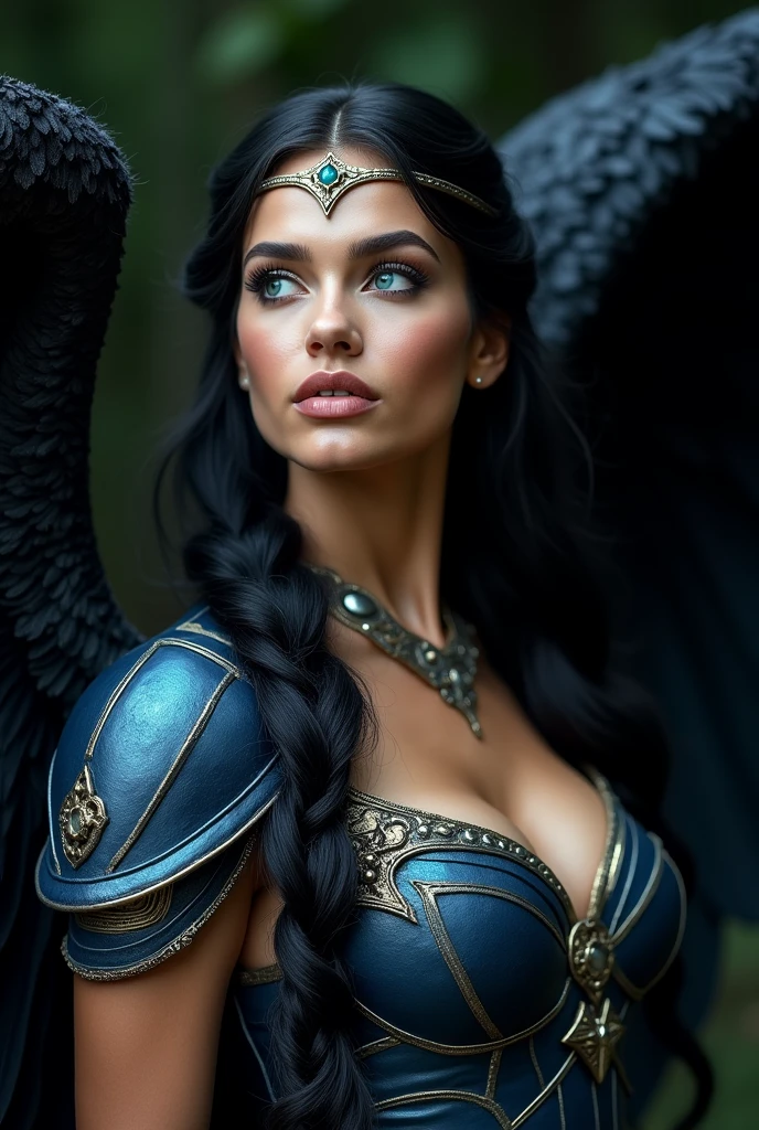 LINDA EVANGELISTA AS A GORGEOUS WINGED VALKYRIE , WARRIOR WOMAN, BUST IMAGE STYLE, STUDIO IMAGE STYLE, BLACK INFINITE BACKGROUND, DIFFUSED LIGHTS ON FACE, BACK LIGHTS ON HAIR, HUGE BLACK WINGS, BLACK FEATHERS, VERY BLACK HAIR, CLOSE FACE SHOT, HUGE LONG HAIR, HUGE STRAIGHT LONG HAIR, BRAID HAIR STYLE, PLATINUM EYEBROWS, VERY PALE SKIN, LUMINOUS SKIN, TURCOISE BLUE EYES, LUMINOUS EYES, MEDIEVAL STYLE, HIGH CHEEKBONES, ROSY CHEEKS, GORGEOUS LIPS, SOFT LIPSTICK, GORGEOUS CURVY BODY, SOFT MUSCLES, VOLUMOUS BREASTS, BLUE ARMOUR, SILVER DETAILS, FULL BODY ARMOUR, FLAT BOOTS, NECK CLEAVAGE, LONG BRACELETS, GOLD DETAILS, GOLDEN HEADBAND , ENIGMATIC FACE EXPRESSION, SIDE FACE VIEW, EYES LOOKING UP, TOLKIEN MITHOLOGY, HIGH QUALITY IMAGE, MASTERPIECE, 8K
