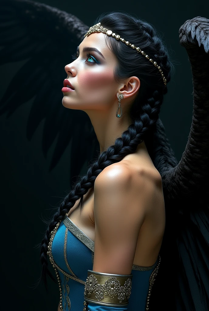 LINDA EVANGELISTA AS A GORGEOUS WINGED VALKYRIE , WARRIOR WOMAN, BUST IMAGE STYLE, STUDIO IMAGE STYLE, BLACK INFINITE BACKGROUND, DIFFUSED LIGHTS ON FACE, BACK LIGHTS ON HAIR, HUGE BLACK WINGS, BLACK FEATHERS, VERY BLACK HAIR, CLOSE FACE SHOT, HUGE LONG HAIR, HUGE STRAIGHT LONG HAIR, BRAID HAIR STYLE, PLATINUM EYEBROWS, VERY PALE SKIN, LUMINOUS SKIN, TURCOISE BLUE EYES, LUMINOUS EYES, MEDIEVAL STYLE, HIGH CHEEKBONES, ROSY CHEEKS, GORGEOUS LIPS, SOFT LIPSTICK, GORGEOUS CURVY BODY, SOFT MUSCLES, VOLUMOUS BREASTS, BLUE ARMOUR, SILVER DETAILS, FULL BODY ARMOUR, FLAT BOOTS, NECK CLEAVAGE, LONG BRACELETS, GOLD DETAILS, GOLDEN HEADBAND , ENIGMATIC FACE EXPRESSION, SIDE FACE VIEW, EYES LOOKING UP, TOLKIEN MITHOLOGY, HIGH QUALITY IMAGE, MASTERPIECE, 8K