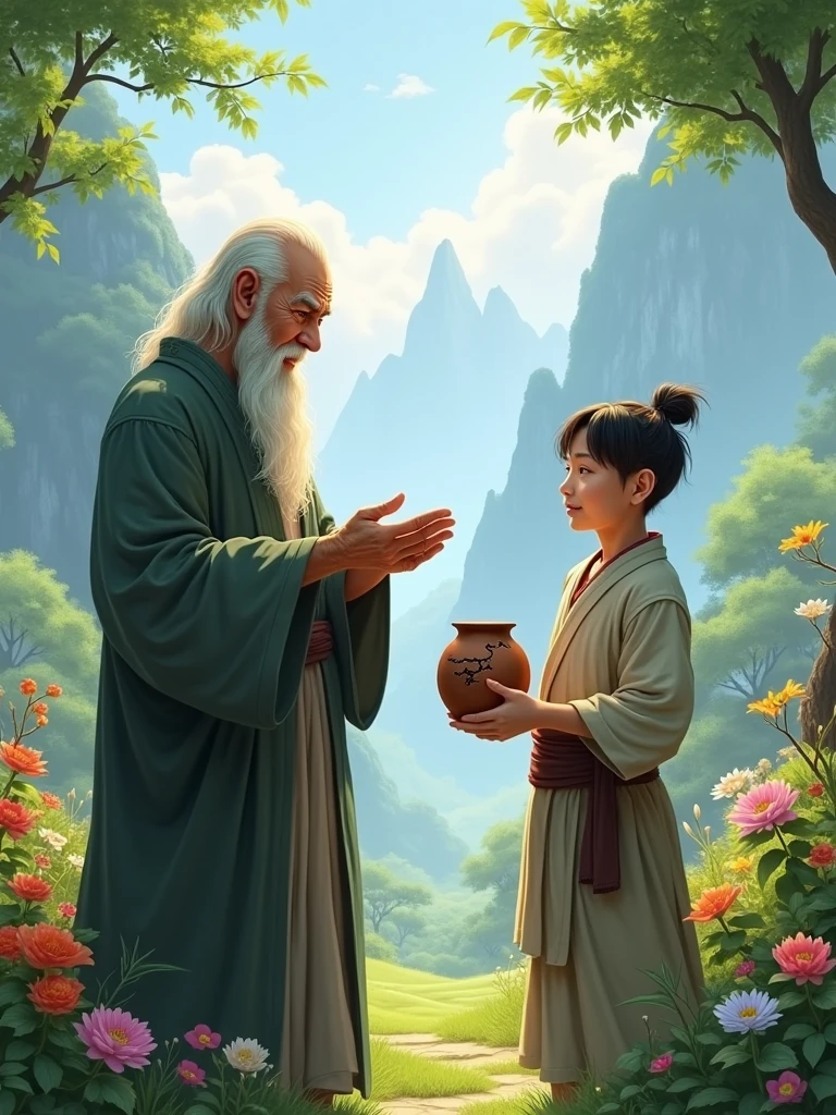 A serene village nestled among towering mountains with misty peaks, where a wise old master stands in a lush, green garden, surrounded by colorful, vibrant flowers. In the foreground, a young man named Li, dressed in simple, humble clothing, holds a weathered clay pot with a noticeable crack. The scene is peaceful, with soft sunlight filtering through the trees, highlighting the bond between the master and his dedicated apprentice.*