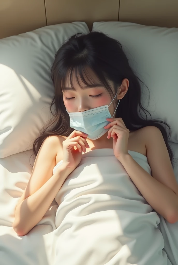 masterpiece, best quality, highres, photorealism, real life, cute girl is putting on surgical mask, laying in bed, bang hair, bright skin, Japanese