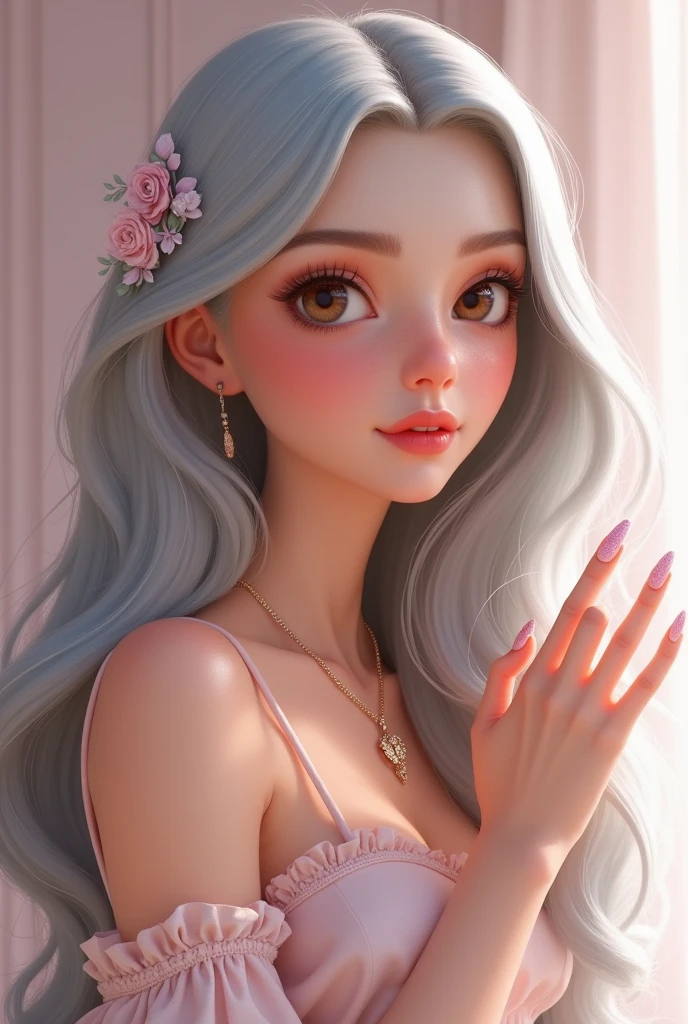 Pixar woman long silver hair pretty brown eyes long pink nails nail artist