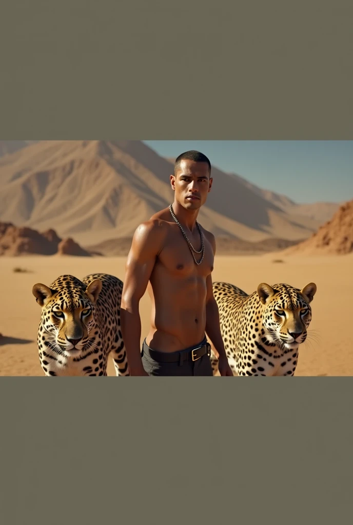 A handsome slim man in the desert without a shirt, two leopards beside him
