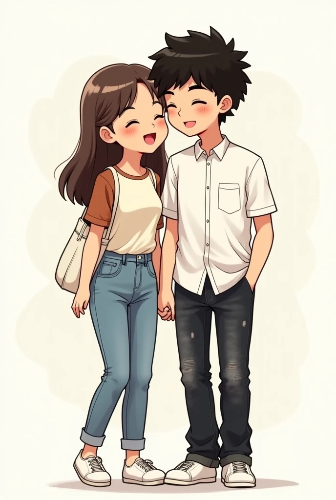 Two chibi manga couples, the girl is shorter than the guy. The girl has an off white T-shirt on with brick brown half sleeves and light blue jeans. The girl is also carrying one white tote bag on her shoulder. The guy has worn black faded jeans with a full sleeved white button up shirt with the sleeves folded and the guy’s hair is black and curly and the girl’s hair is long, brown and straight. Both are wearing WHITE shoes. They’re are standing close to each other and laughing