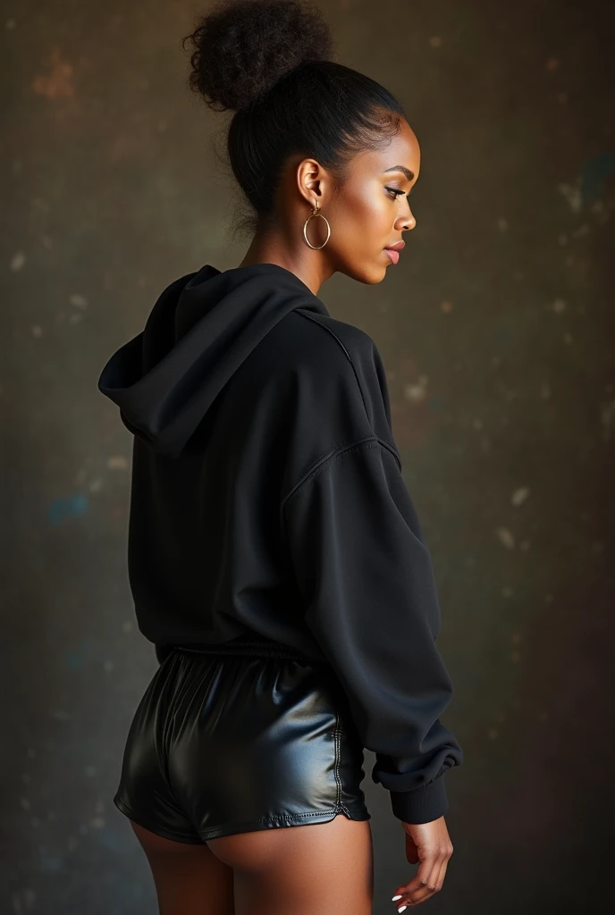 black woman hair in a bun black hoodie black leather short shorts being fucked in the ass by a old grandma in a dress
