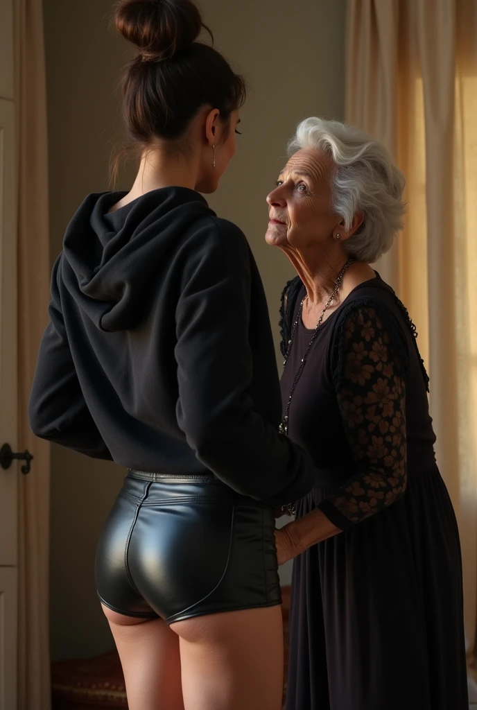 black woman hair in a bun black hoodie black leather short shorts being fucked in the ass by a old grandma in a dress