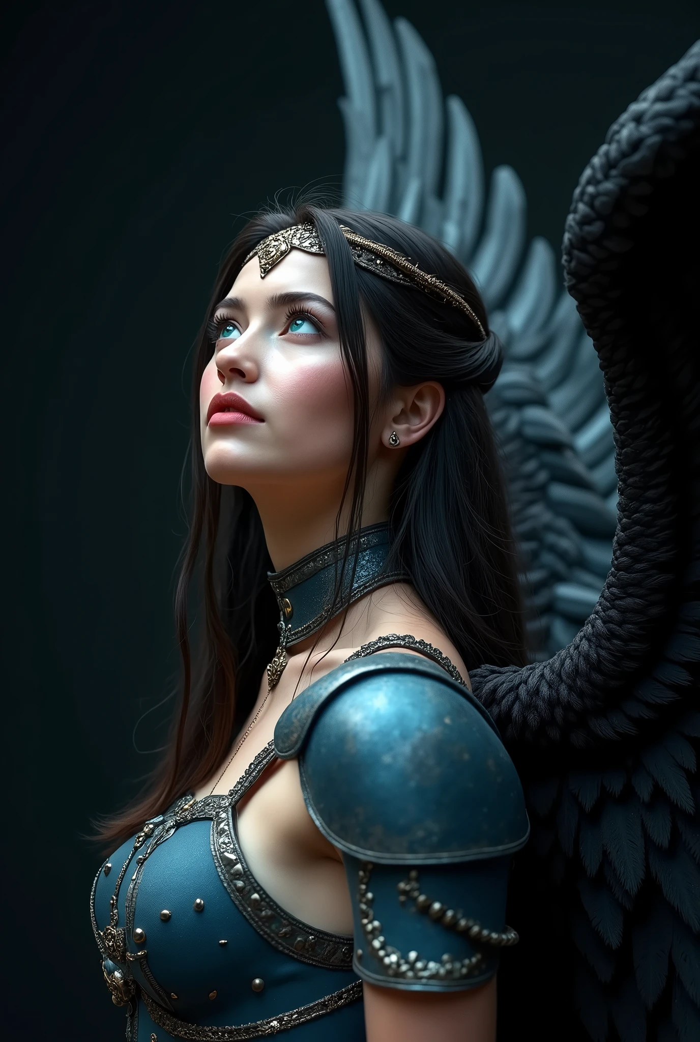 GORGEOUS WINGED VALKYRIE , WARRIOR WOMAN, BUST IMAGE STYLE, STUDIO IMAGE STYLE, BLACK INFINITE BACKGROUND, DIFFUSED LIGHTS ON FACE, BACK LIGHTS ON HAIR, HUGE BLACK WINGS, BLACK FEATHERS, VERY BLACK HAIR, CLOSE FACE SHOT, HUGE LONG HAIR, HUGE STRAIGHT LONG HAIR, BRAID HAIR STYLE, PLATINUM EYEBROWS, VERY PALE SKIN, LUMINOUS SKIN, TURCOISE BLUE EYES, LUMINOUS EYES, MEDIEVAL STYLE, HIGH CHEEKBONES, ROSY CHEEKS, GORGEOUS LIPS, SOFT LIPSTICK, GORGEOUS CURVY BODY, SOFT MUSCLES, VOLUMOUS BREASTS, BLUE ARMOUR, SILVER DETAILS, FULL BODY ARMOUR, FLAT BOOTS, NECK CLEAVAGE, LONG BRACELETS, GOLD DETAILS, GOLDEN HEADBAND , ENIGMATIC FACE EXPRESSION, SIDE FACE VIEW, EYES LOOKING UP, TOLKIEN MITHOLOGY, HIGH QUALITY IMAGE, MASTERPIECE, 8K