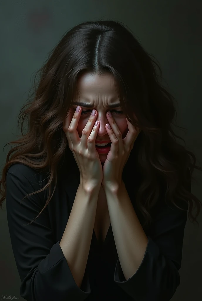 woman with dark brown wavy hair, covering her face dramatically with her hands while she's crying. dark atmosphere 