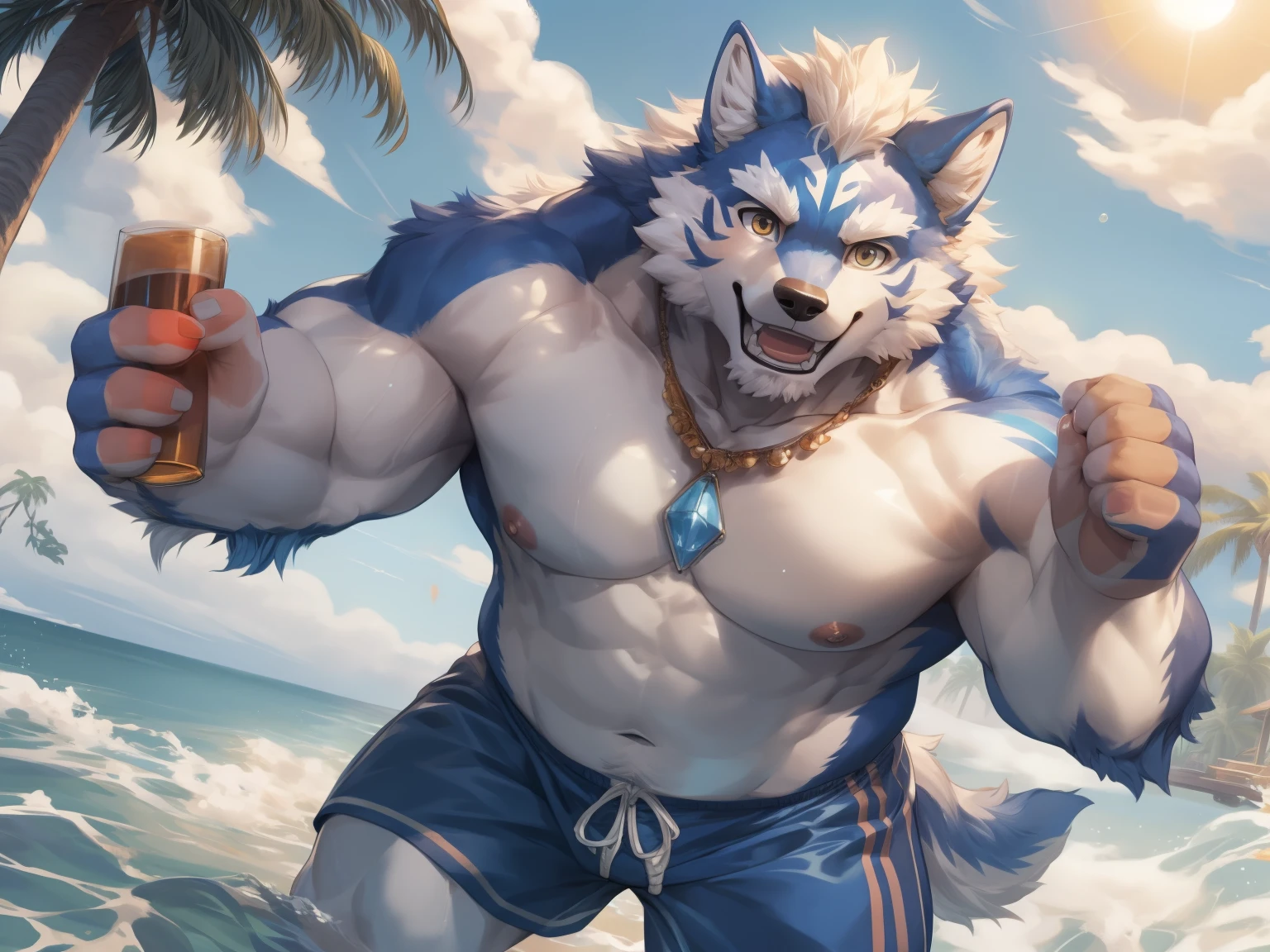 masterpiece,high quality,anime,detailed eyes,Furry male grey Wolf, Law, Great physique,strong arms manly, in the Van, selling ice cream, offering ice cream, Day sky, Loudspeaker, seller suit, happy, (Colorful Spark), Shimmering lights, by null-ghost,by pino daeni