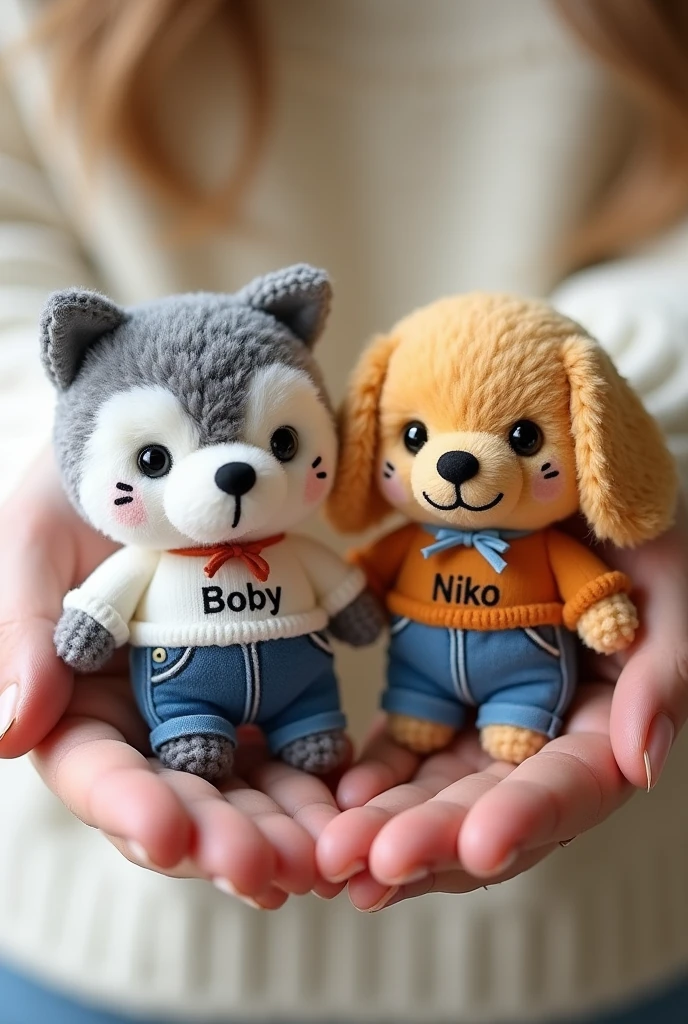 Produk desain,mini plushie, a husky With grey color , and a Golden retriever ,There is the word Boby written on the T-shirt of the Husky, and the word Niko written on the T-shirt of the golden retriever, the writing is made of embroidery, The material is made of fur doll from the Miniso brand, Wearing short blue jeans, kawaii design, ribbons around their necks, The brand's eyes are made of black amigurumi eyes, and the nose is black, the cat's whiskers are made of black thread ,Head size is larger than body, Product photo with plushie in the palm of the hand