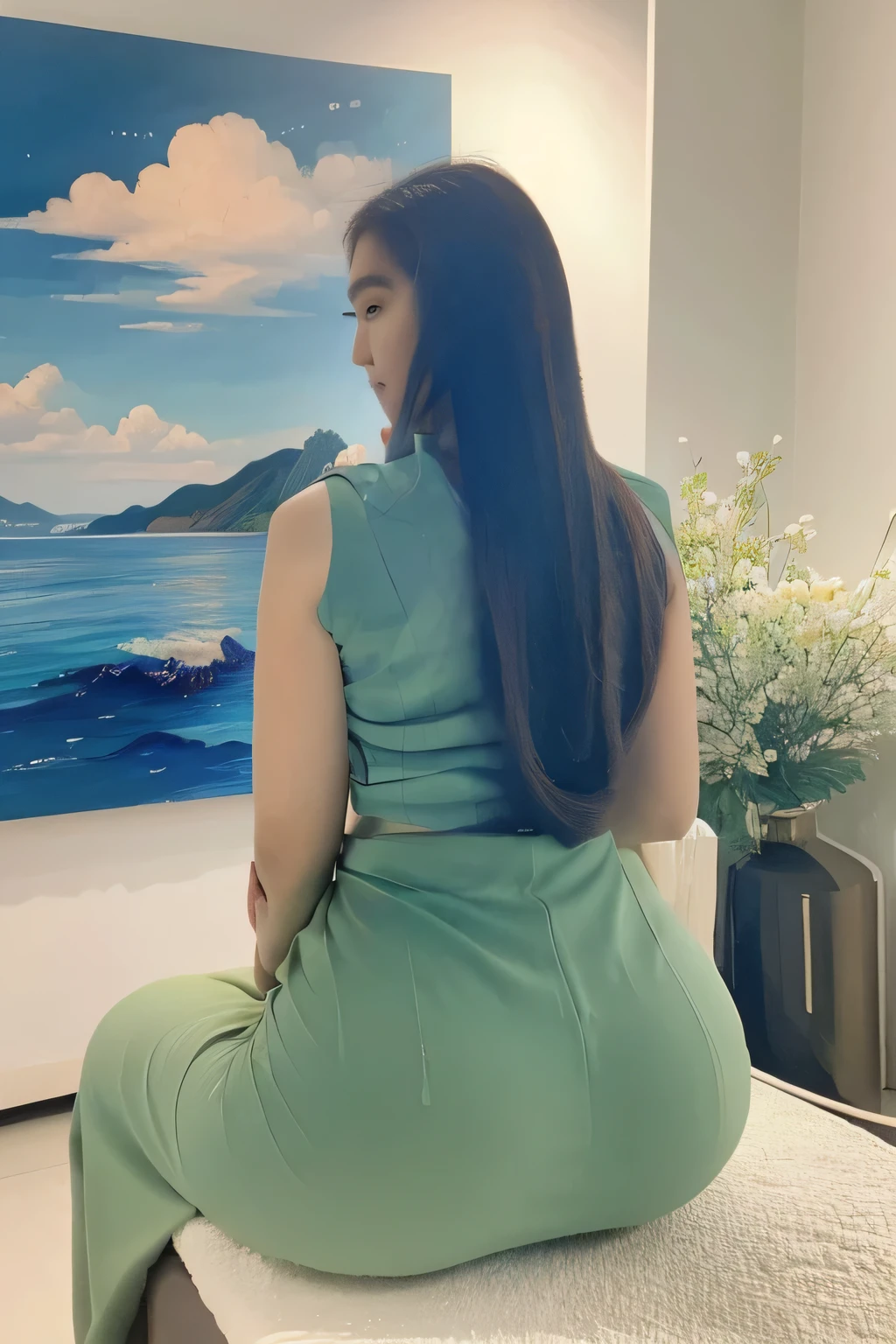 arafed woman sitting on the floor in front of a painting, traditional art, acrylic art, nivanh chanthara, art work, korean artist, vibrant art, dang my linh, trending artwork, chinese artist, in an art gallery], fine art museum piece, mixed art, trending artistic art, beautiful art, museum masterpiece, masterpiece,tight skirt wrapped around her hips,widest hips,sleeveless shirt,turn your ass towards me,lean foward,view from behind,back viewers,rare view,shot from back,ass emphasized