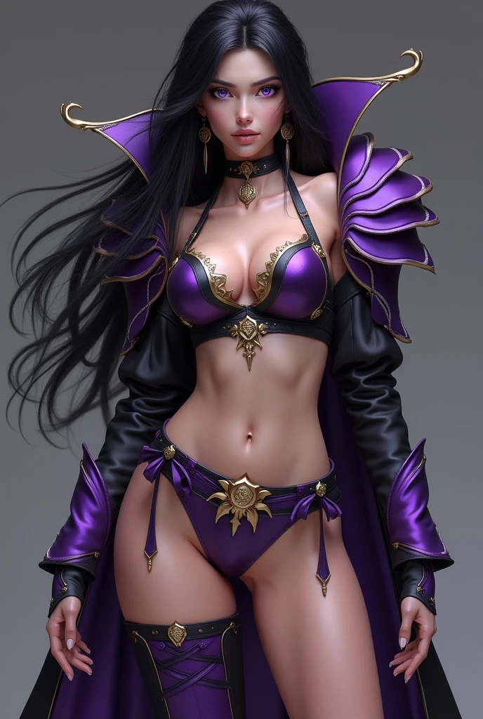 Appearance: She has long black hair and no bangs., slim and slender body, Tanned white skin, Purple eyes Medium and light pink lips.
Clothes: Wears a purple bra and purple turtleneck mid-length sleeves, There is a gold emblem in the middle of the bra, Purple ribbons around the belly, Wears a purple and gold high-waisted V-shaped long panty, The boots are tall and partially cover the legs with half purple and half black colors..
Accessories: Wears a purple knitted hat on his head, Purple and gold belts around panties and boots, Wear a black glove, A collar around the neck is purple and has purple iron shoulder pads.