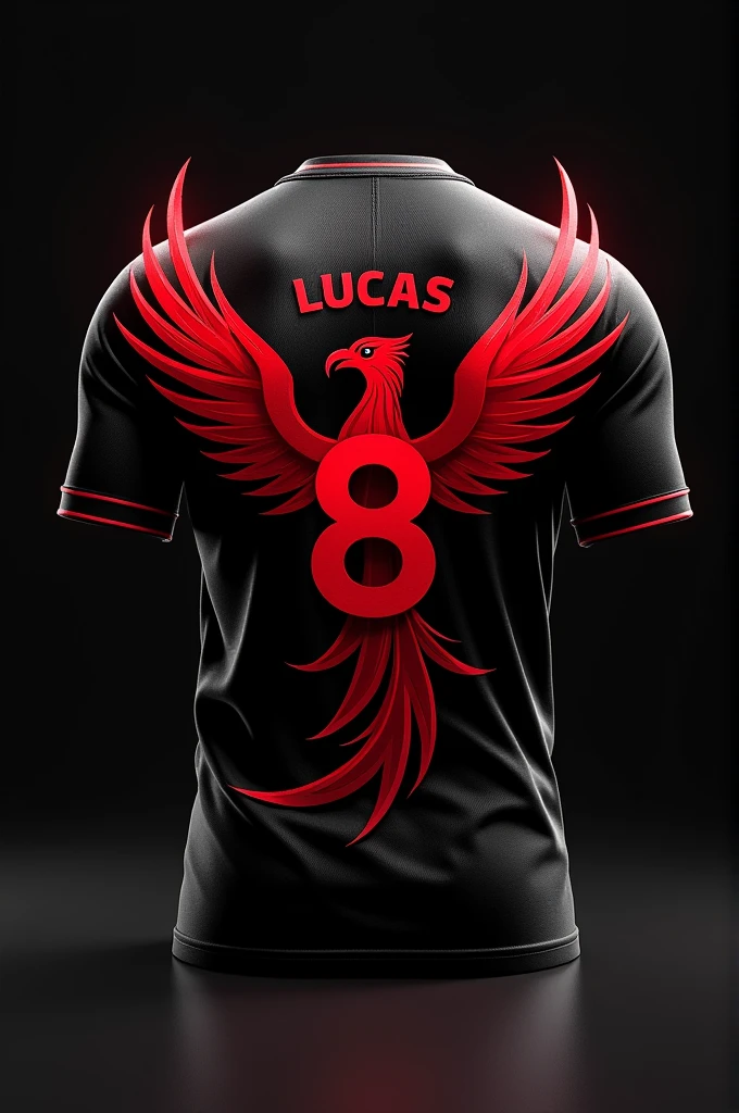 Make an image of an interlayer shirt with a black background and red details, with the phoenix mascot and phoenix wing on the shirt, the shirt front and back with the name “Lucas”, and the number “8”