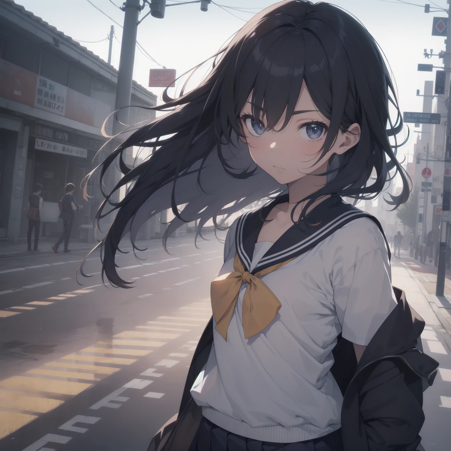 ultra-absurdres-Top quality by artist God, ultra-detailed, high resolution, anime moe artstyle, best anime 8k konachan wallpaper, pixiv contest winner, pool:2810, perfect anatomy,break, 1girl, (Please draw a girl walking sleepily to school alone. )break,(Solo,little female,15yo:1.3),Full limbs, ,a junior high school student, (very short hair), short cut, flat chest, , small butt, small black eyes, beautiful detailed eyes, well-proportioned iris and pupils, expressive eyes, highres detailed hair, soft expression, salor school_uniform, sailor collar, serahuku, bow, pleated skirt,(Detailed Lighting), (Detailed background), in the School commute route. break,super detailed skin, Best cinematic lighting powered by famous artist, 8k,beauty illustration,photoshop_(medium),very aesthetic,break,((artist:takeuchi_takashi )), artist:clamp ,artist:carnelian ,artist:kantoku ,
