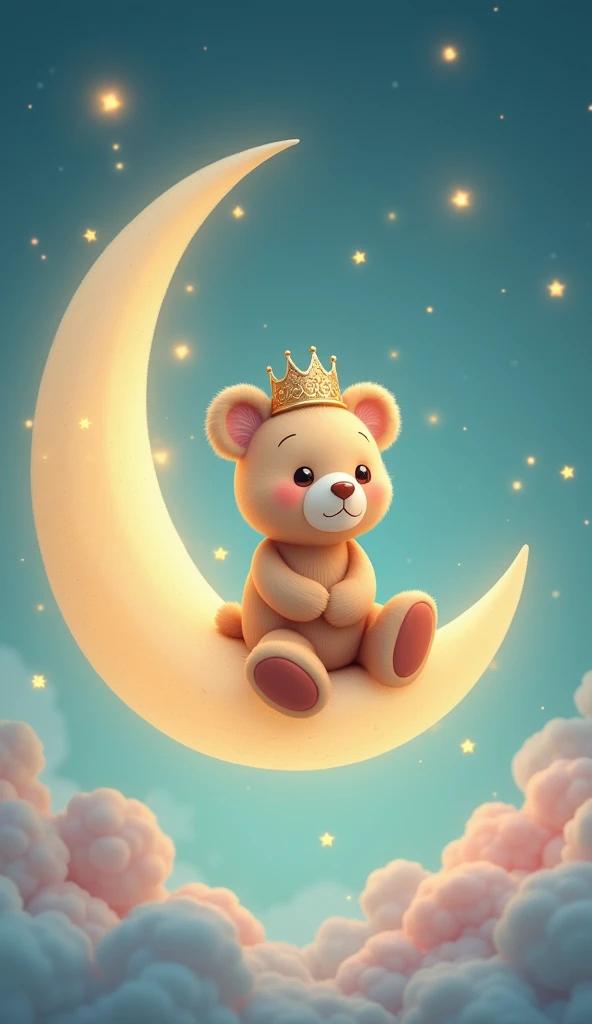 What a lovely idea for an invitation!! I recommend that you visualize a sweet and adorable light brown bear sitting on a half moon., with a beautiful crown adorned with animated details. The moon can have a soft glow that highlights its sweetness and, Around her, Turquoise and pink fluffy clouds that add a magical touch. In 9 format:16