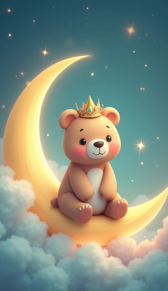 What a lovely idea for an invitation!! I recommend that you visualize a sweet and adorable light brown bear sitting on a half moon., with a beautiful crown adorned with animated details. The moon can have a soft glow that highlights its sweetness and, Around her, Turquoise and pink fluffy clouds that add a magical touch. In 9 format:16