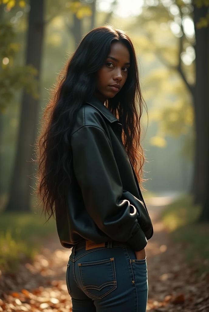 In night 20 year old black female (young), (long hair). She is at Park. standing. She wears casual clothes. mystery environment, cinematic lightning, day, sunny, looking to the side
