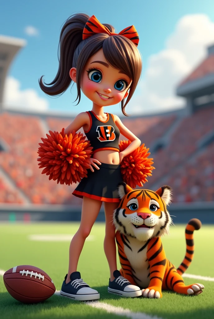 
Bengals cheerleader tween 
Chunky body
Brown hair, medium length in ponytail, bangs, 
blue eyes 
football field stadium
Black & orange  one piece outfit  with Bengals logo  black shoes 
No socks
 hair bow 
With tiger hugging
Smiling 
Football on ground
Pompom on ground 
