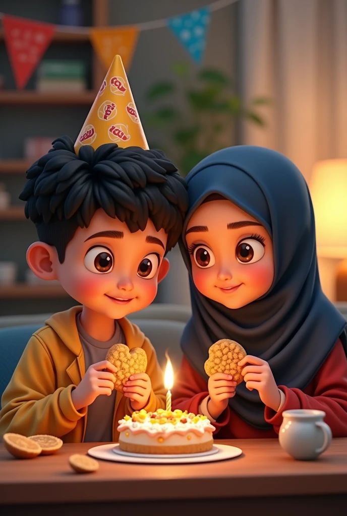 One girl and one boy. The boy likes lotto chocopie alot. Boy is focused in his goals. The boy loves machine learning. Wants to become data scientist. Wish him happy birthday🎉 . The girl wears hijab