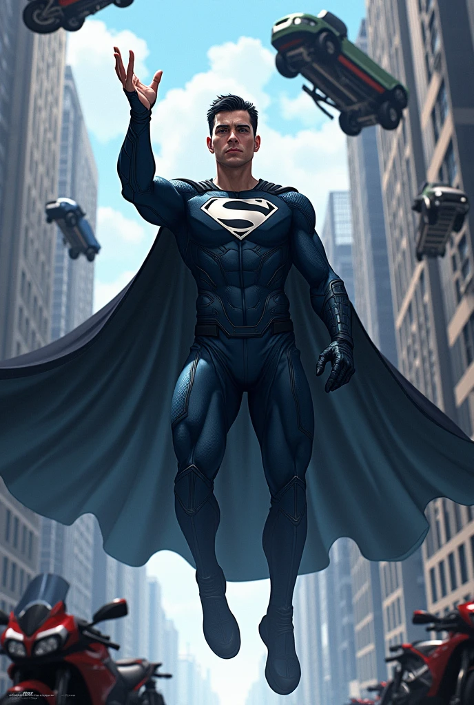 I want you to create a male character with metal control powers. He is a 2 white male not so muscular who has short black hair with black eyes. His superhero costume is black with blue details with a large black cape.. 
Levitating between buildings he raises his hand and uses his powers to lift various objects such as cars., motorcycles and posts