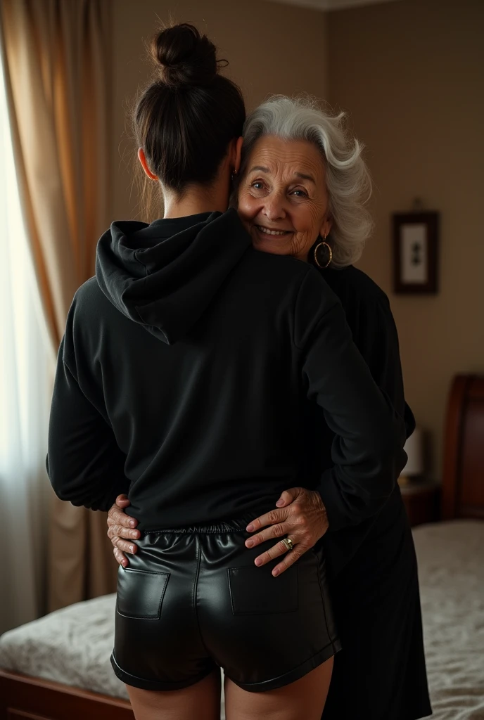 black woman hair in a bun black hoodie black leather short shorts being fucked in the ass by a old grandma in a dress