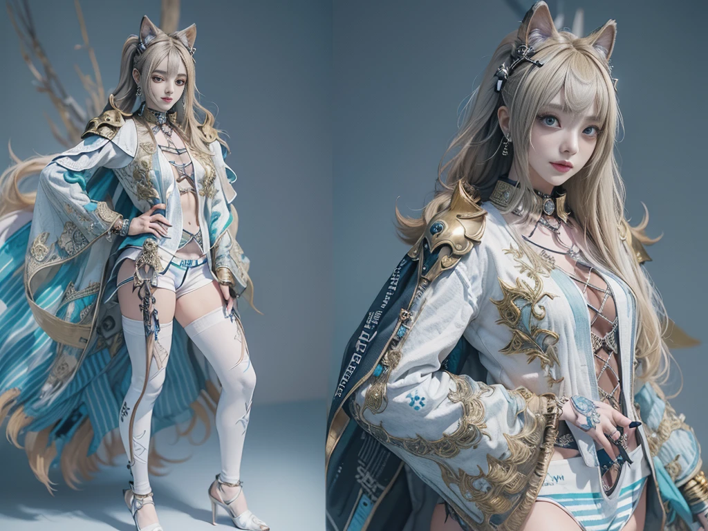 (Full body image:1.2)、(Side view:1.1)、(Smiling with teeth showing:1.3),(Shibuya Gal:1.5)、(Gothic style fashion:1.5)、(Punk rock visual kei:1.5)、(Wearing a rhythmic gymnastics bodysuit with intricate details:1.4)、(A white cloak with intricate details, Denim and turquoise:1.5)、(Denim and turquoiseと白のブーツ:1.3)、((belt))、(A number of subtle logos are featured throughout the costume々:1.4)、(collar:1.3)、(Striped underwear:1.5)、20-year-old、Browsing Caution、((Highest quality、In 8K、masterpiece:1.3))、Sharp focus:1.2、(Layered Cut、Huge boobs:1.1),Beautiful woman with perfect figure:1.4、(Sexy sculpture pose:1.3)、Slim Abs:1.2、Highly detailed face and skin texture、Detailed eyes、double eyelid,(Twin tails:1.3)、(Brownish golden hair:1.3)、Idol Sculpture、(The background is the stage for a fashion show:1.3)、(The body is slim:1.3),(Slimming your legs:1.4),(clavicle:1.1)、(Thin thighs:1.2)