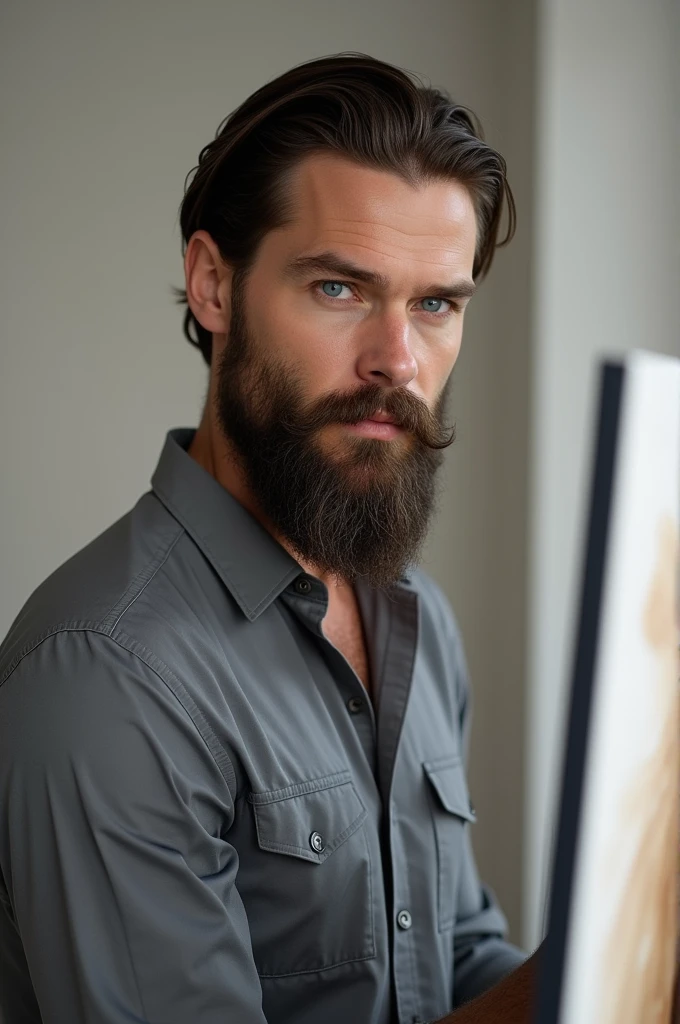 (man in stylish home clothes), ), (With a long, full beard,) (Blue eyes) (painting) Attractive and serious appearance, Dark brown hair, Elegant and elegant, And a gray blouse , Man who looks like actor Jamie Dornan, (Realistic and high quality image), In the background is a Scandinavian apartment with designer furniture and white wall color in the background., ((Best quality, 8 kilos, Masterpiece).