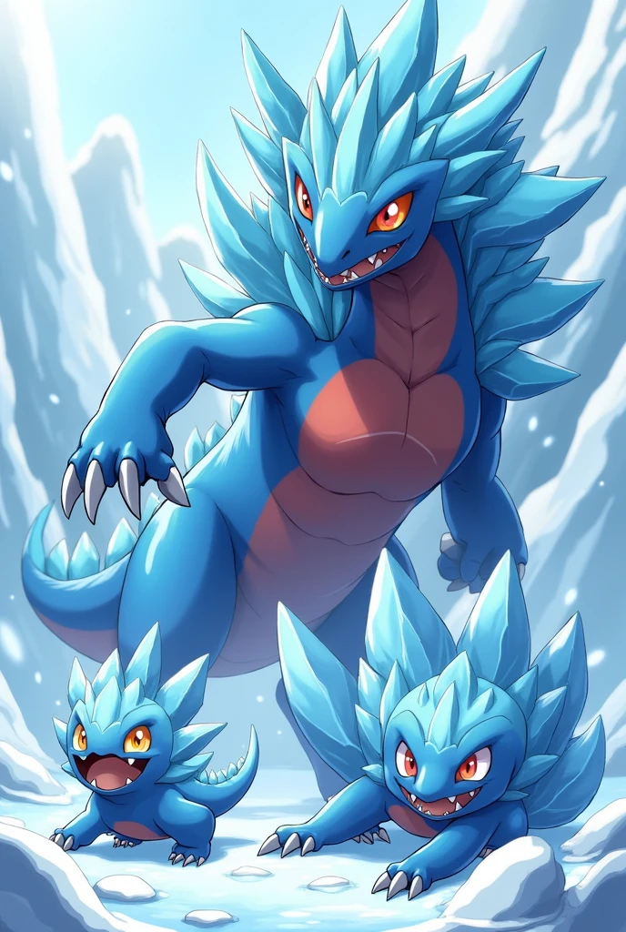 "Create an anime-style illustration of a water/ice Pokémon that resembles a combination of a dinosaur and a dragon. The Pokémon should have three evolutionary stages. The first stage is a small, blue, and icy creature with smooth skin and small, spiky ice formations on its back. Its eyes are large, curious, and full of energy. The second stage is more robust, with additional icy spikes growing along its spine, and a more aggressive posture, showing that it's growing in strength. The final stage, resembling a powerful, dragon-like creature, has a dark blue body with sharp ice-like scales covering its back and limbs. Its claws are large and jagged, made of ice, and it has a fierce expression with red markings around its eyes and chest. The creature’s tail is long and thick, ending in a series of jagged ice formations. The final stage should convey strength and power, with a slightly menacing look but still retaining the aquatic and icy aesthetic. The scene should be dynamic, with the Pokémon standing in an icy cave or a frozen lake, surrounded by shards of ice and mist."
**Tamaño de la imagen:** 1024x1024