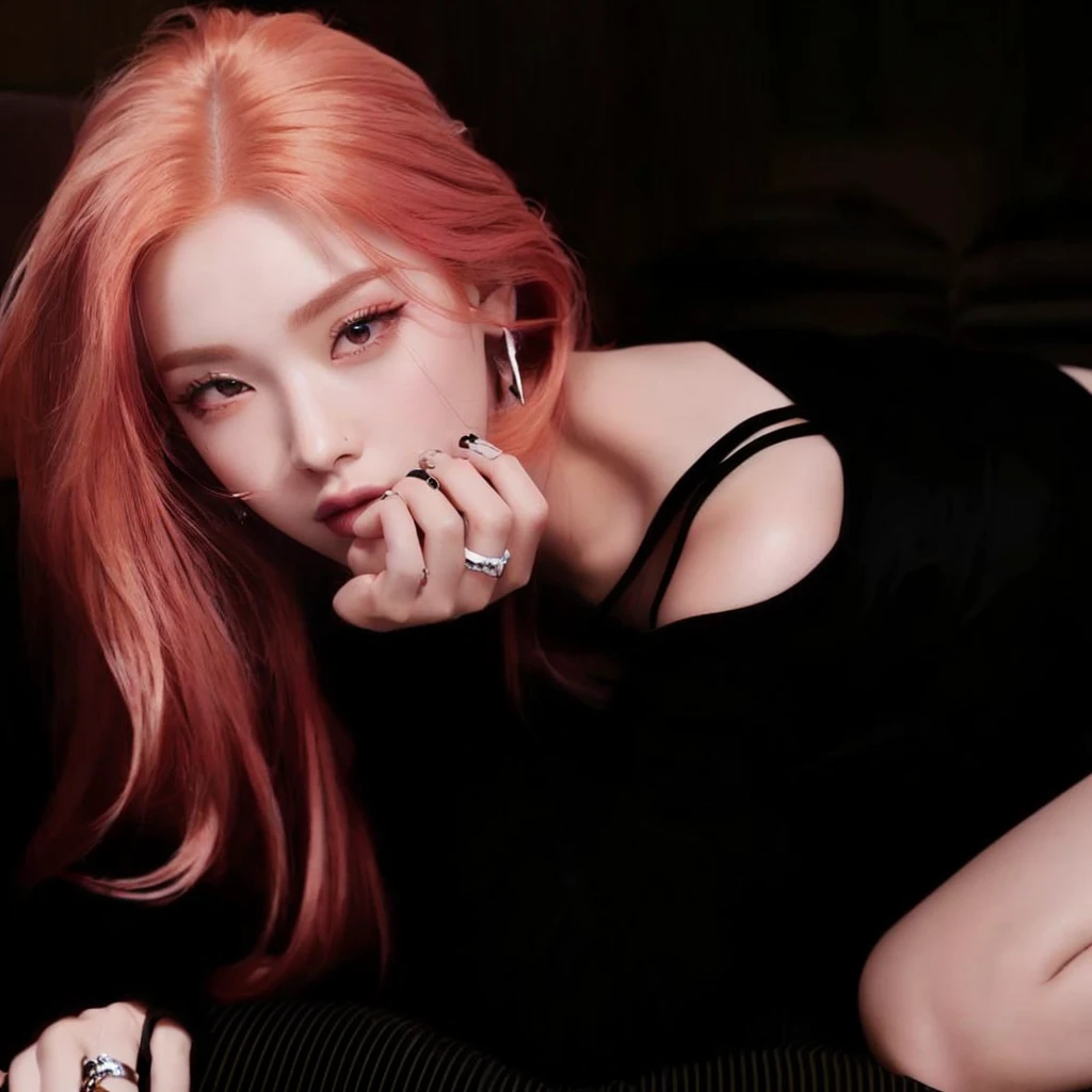 arafed woman with red hair laying on a couch with a ring on her finger, portrait of jossi of blackpink, jossi of blackpink, roseanne park of blackpink, ava max, portrait jisoo blackpink, sun yunjoo, jinyoung shin, jia, cl, kda, taejune kim, she has long redorange hair, blackpink jennie, jisoo of blackpink