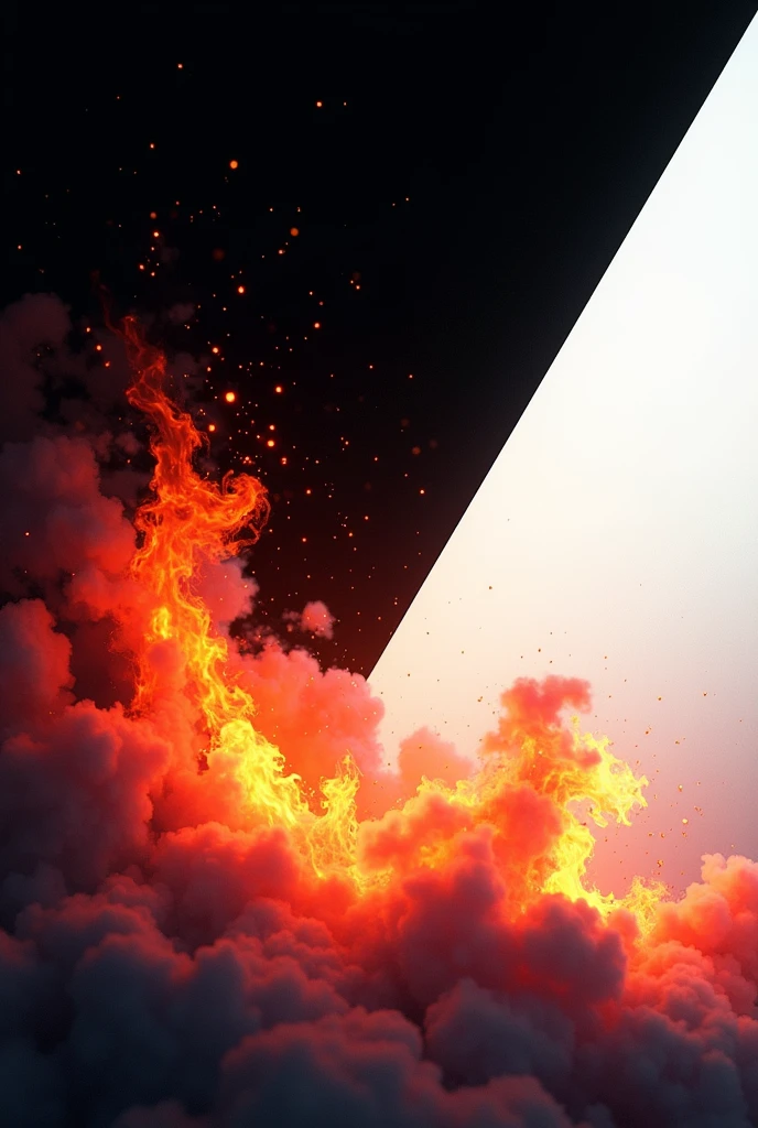A background with black and white that is divided in an inclined way so that flames of black color come out in vibrant colors