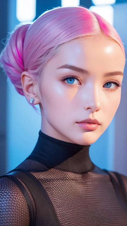 A beautiful attractive woman with short hair, full body portrait, in the style of Moebius, full of pink and white hexagons in the background, with a futuristic sci-fi aesthetic style, simple details, minimalism, black lines, clean pictures. The skin is white and she has an extremely delicate face that resembles floating glass. A sense of mystery, soft lighting, ultra-high definition images, and a cool color tone. She is wearing, 32k ,uhd