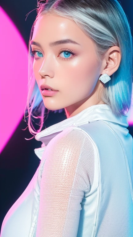 A beautiful attractive woman with short hair, full body portrait, in the style of Moebius, full of pink and white hexagons in the background, with a futuristic sci-fi aesthetic style, simple details, minimalism, black lines, clean pictures. The skin is white and she has an extremely delicate face that resembles floating glass. A sense of mystery, soft lighting, ultra-high definition images, and a cool color tone. She is wearing, 32k ,uhd