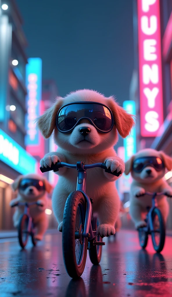 Puppies wearing glassing riding bikes in cyberpunk world in night with lights on and with lights in background building on side of road beach view 3D animation