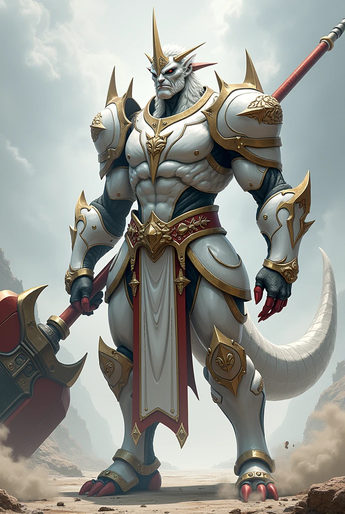 Amdusias is 2 meter tall, white armored skin, sharp red nail in each fingers, a sharp potruded chin and white small golden v fin potrudes into the back from his forehead and a long single straight horn in his forehead, and a sharp long retractable tail. He wield ultra large mace