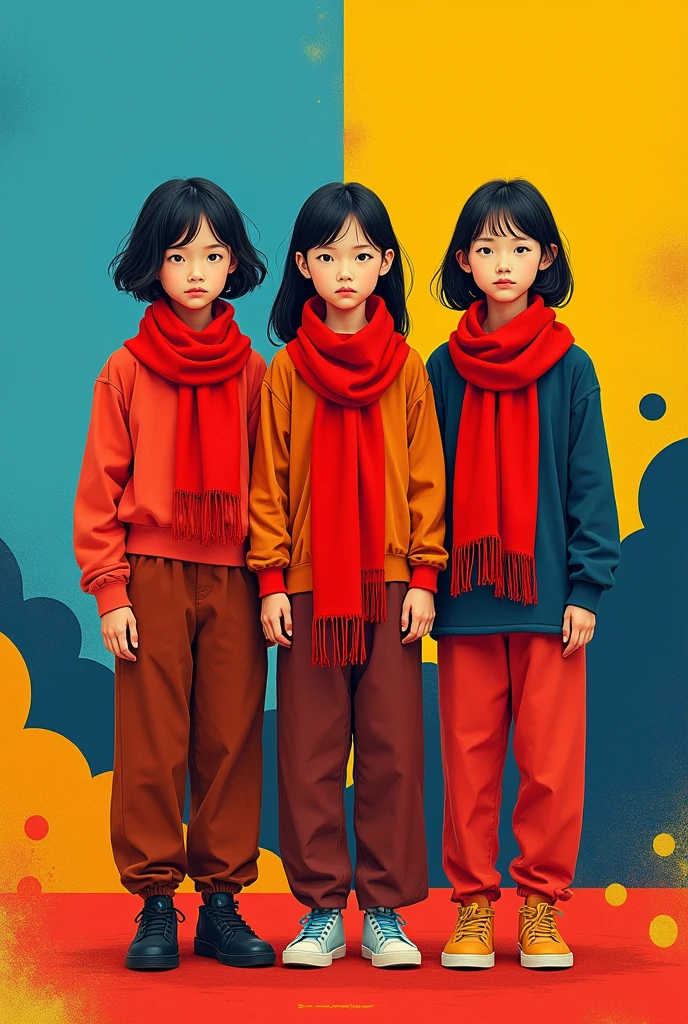 Triplets wearing red scarves around their necks, yellow and blue