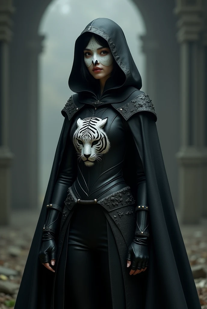Girl with short black hair with a white owl mask wearing black armor with a cape and hood on the cape has a printed design of a white tiger carrying two curved swords at her waist