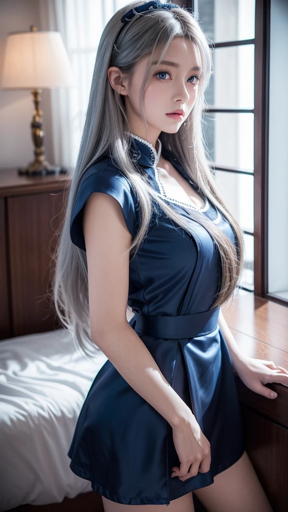 A beautiful, tsundre stepsister with long silver hair,piercing blue eyes,delicate facial features,wearing a stylish maid uniform,tsundere expression,posing in a luxurious bedroom interior,ambient lighting,highly detailed,photorealistic,cinematic composition,dramatic lighting,vibrant colors,8K resolution
