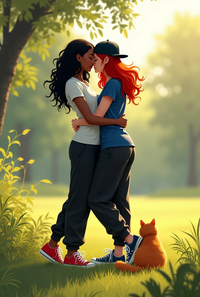 Two women are sitting in a field kissing with a fat orange cat next to them, the first woman has thick, shoulder-length black curly hair and dark skin and is wearing a white t-shirt and black baggy pants with red sneakers, The second woman is a redhead with hair down to her back and a backwards cap., her skin is white and she wears a dark blue t-shirt and black baggy pants and blue sneakers 