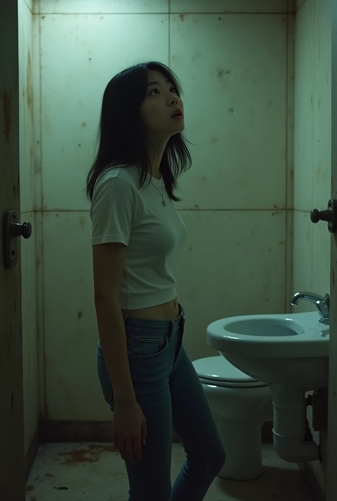 (Old public toilet)Korean actress with black hair Korean woman.Wear skinny jeans that fit your body well and a short-sleeved T-shirt that fits your body well....I leaned over the toilet and turned around, bent at an 80 degree angle and looked up..very big breasts.very big breasts.jib.((8k)).With a surprised look. Scared expression slim woman.Young woman in her 20s
