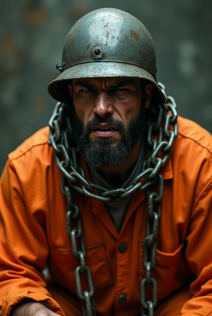 Create an image of a man in orange prison garb with an iron helmet on his head and thick chains tightly around his neck., he with a pained expression 