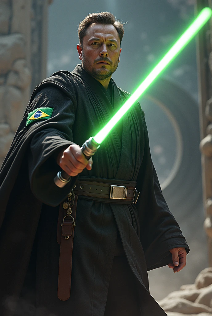 Image with Elon Musk's Star Wars Obi outfit with a Brazilian patch raising Voldemort in a Jedi power battle