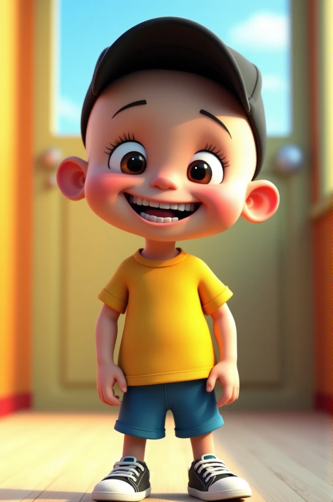 Cute illustrative image,  4 anos, Scrawny, thin face, wearing a black cap with the brim facing forward, shaved bald hair,
shirt Yellow,blue shorts, white sneakers with black details, smiling with visible teeth, pixar 3d illustration