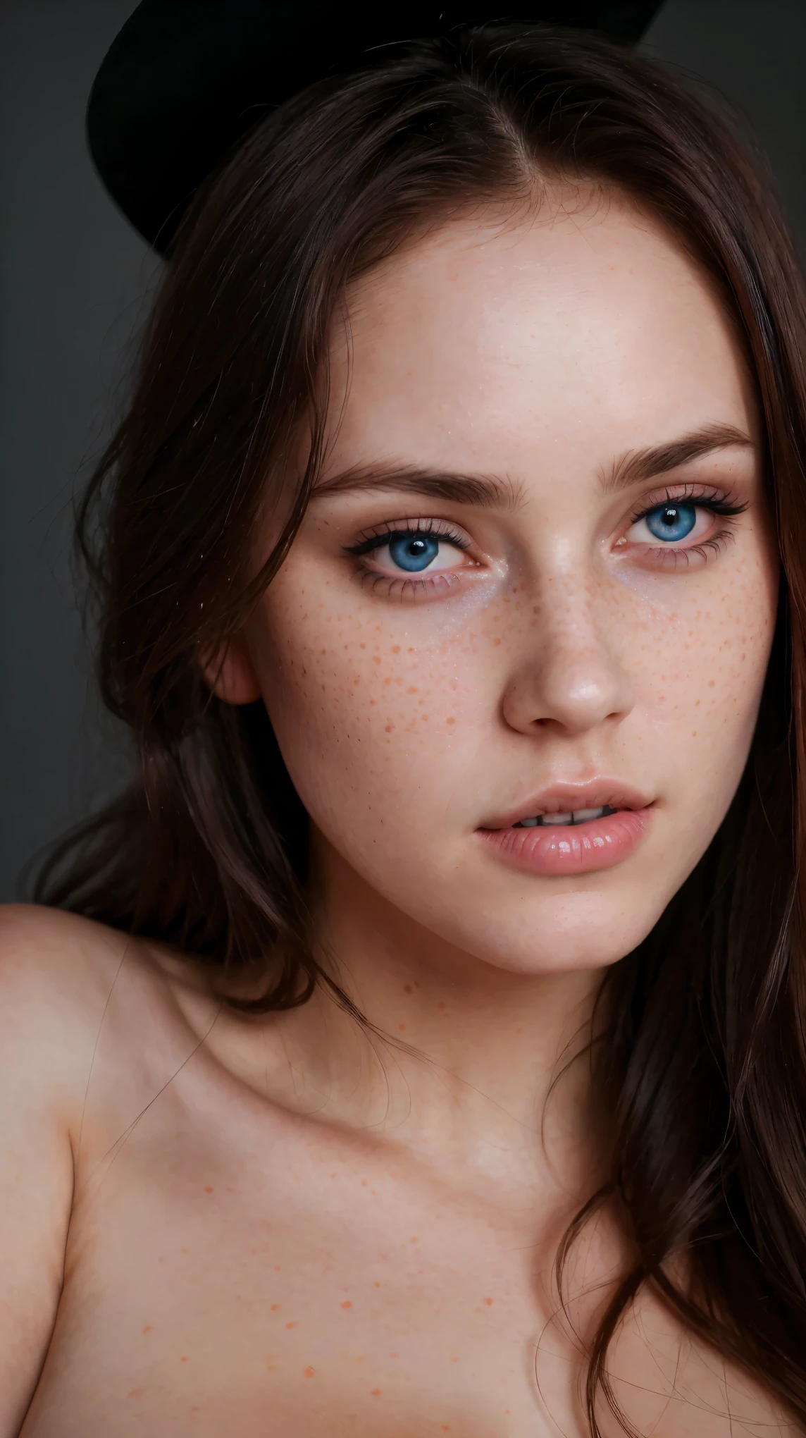 (best quality, hyperdetailed photography:1.2), beautiful lady, freckles, dark makeup, soft light, pink lips, blue eyes, snoopy breast,massive perfect breast,head and breast portrait, cover, (detailed beautiful face, detail skin texture, ultra-detailed body:1.1) sexy vampire girl,,, naked breast, realistic skin texture extreme details, 1 woman