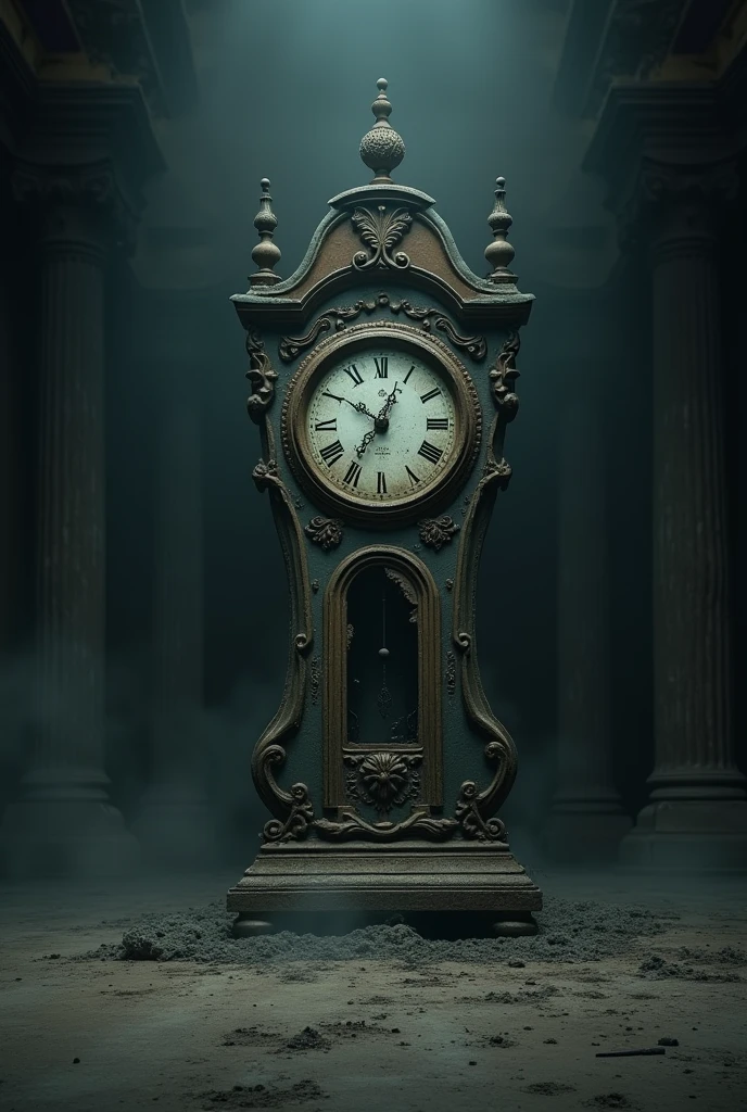 image of an english clock, completely destroyed in a dark room without any color and full of shadows