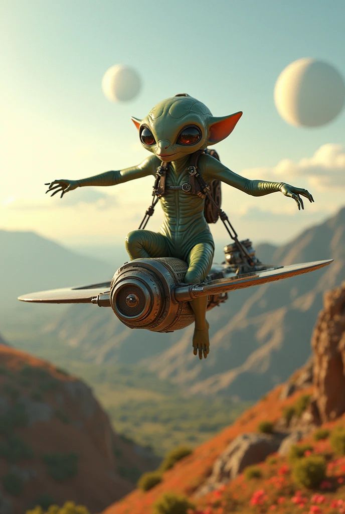 Create an image of an ET flying a paramotor