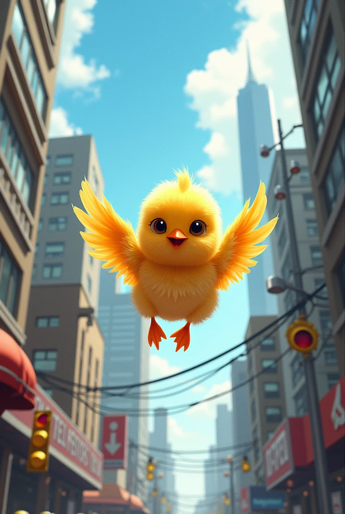 Chick with wing flying in the city