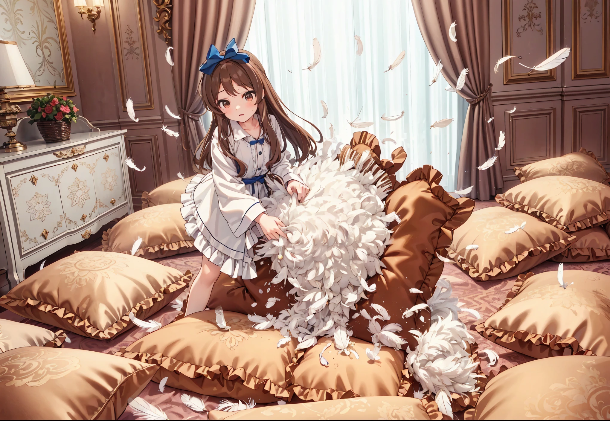 (best quality， masterpiece) , details, (Light and shadow oxtail) , Cute girl posing on pillow ，Pillow, Upholstered，Soft pillow，（Pillow），The love surrounding the protagonist，steam，(Luxury Pillow），（Gorgeous pattern pillow），luxurious pillow, standing,（Love around the protagonist），（pillow）, frilled pillow   , 1 pillow, standing on a top of pillow, on pillow, big pillow, fluffy pillow, pillow damage, stomping pillow, stomping, pillow on floor, stepping on pillow, posing on top pillow, full body, pillow on floor, (((feathers))), pillow destroy, ripping pillow, tearing pillow in half, feathers everywhere, cotton, stuffing pillow, tachibana_arisu_theidolmastercinderellagirlsu149, brown_hair, long_hair, brown_eyes, bow, hair_bow, blue_bow, bangs